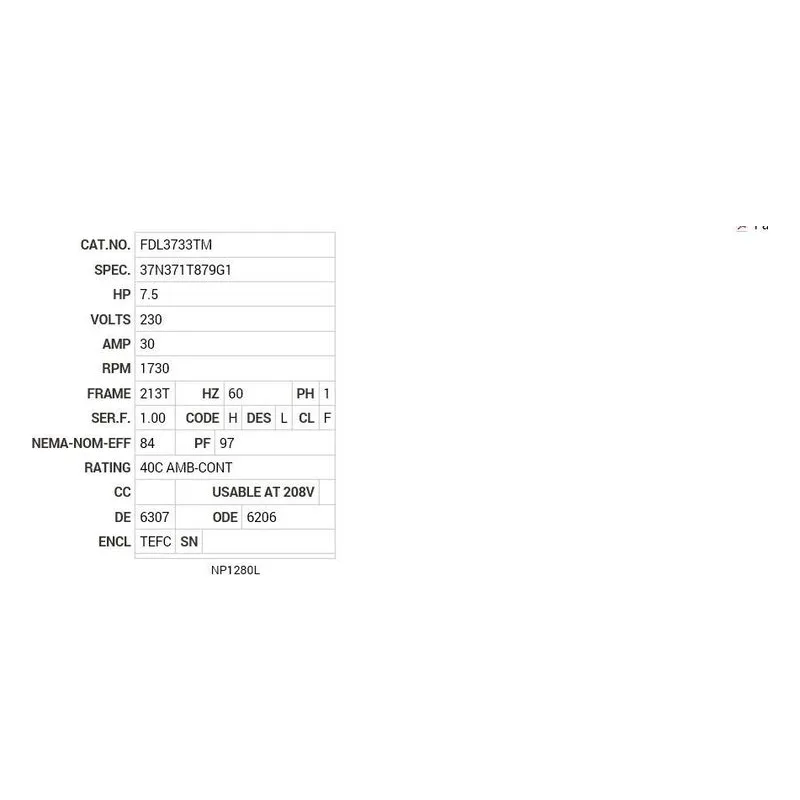FDL3733TM Baldor 7.5 HP, 1730 RPM, 1 PH, 60 HZ, 213T, 3740LC, TEFC Motor Nameplate - view 2