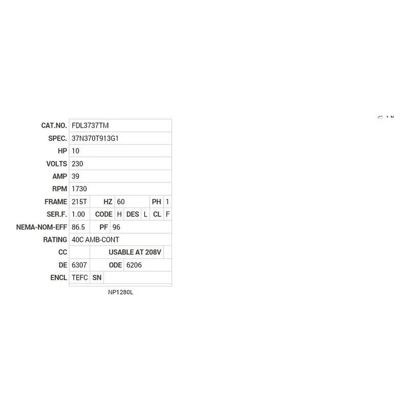 FDL3737TM Baldor 10 HP, 1730 RPM, 1 PH, 60 HZ, 215T, 3752LC, TEFC, F Motor Nameplate - view 2