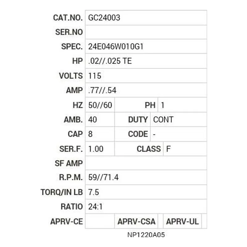 GC24003 Baldor .02 HP, 1415/1715 RPM, 1 PH, 50/60 HZ, FTA-0 Motor Nameplate - view 2