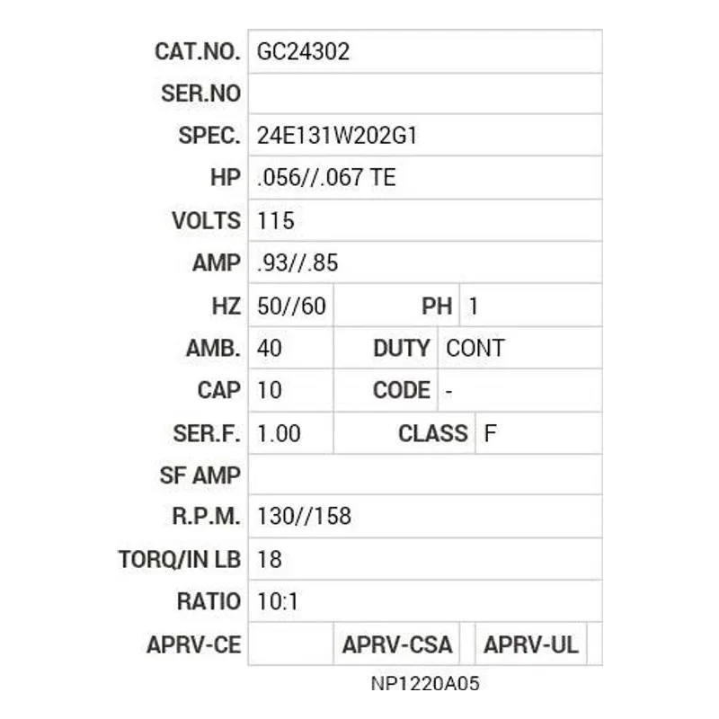 GC24302 Baldor G.M. T18BA 115V AC 50//60 HZ  10:1 Motor Nameplate - view 2