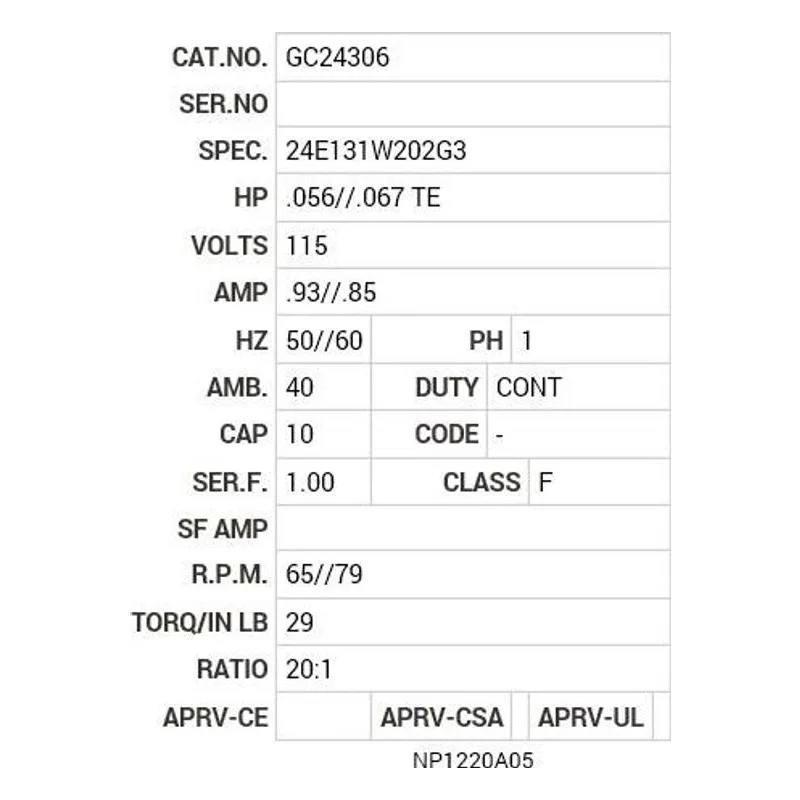 GC24306 Baldor G.M. T18BA 115V AC 50/60 HZ  20:1 Motor Nameplate - view 2