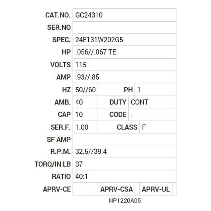 GC24310 Baldor G.M. T18BA 115V AC 50//60 HZ  40:1 Motor Nameplate - view 2