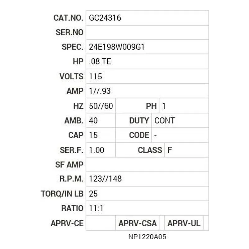 GC24316 Baldor .08 HP, 1340 RPM, 1 PH, 50/60 HZ, CB-0, 2424C Motor Nameplate - view 2