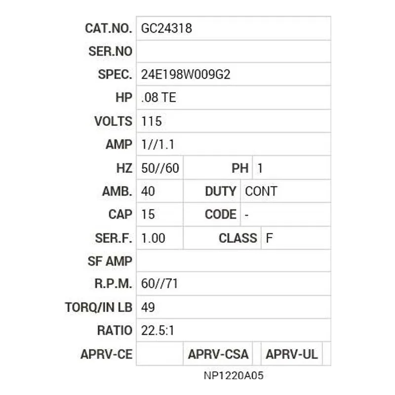 GC24318 Baldor .08 HP, 1340 RPM, 1 PH, 50/60 HZ, CB-0, 2424C Motor Nameplate - view 2