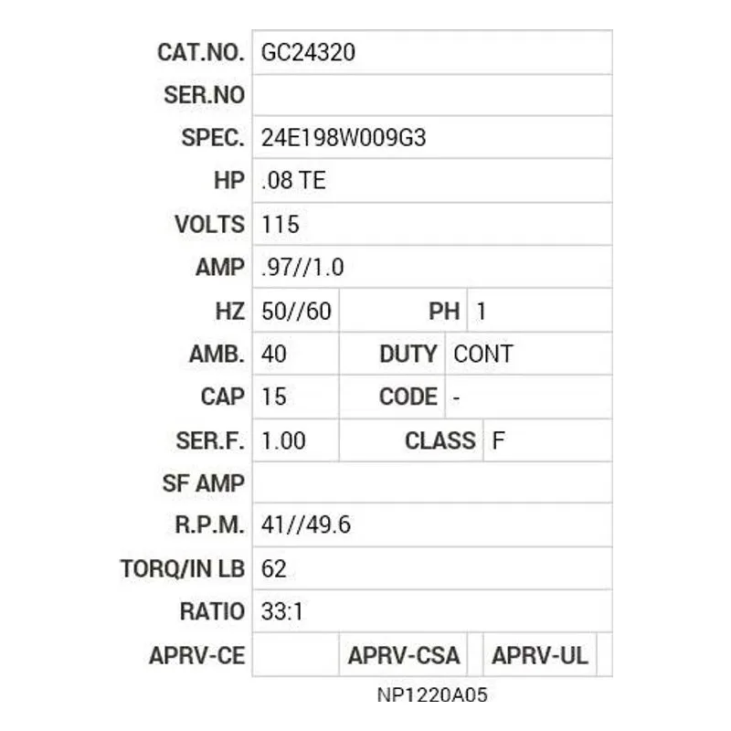 GC24320 Baldor .08 HP, 1340 RPM, 1 PH, 50/60 HZ, CB-0, 2424C Motor Nameplate - view 2
