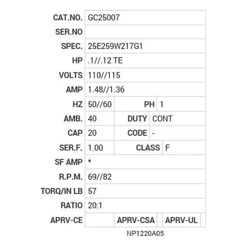 GC25007 Baldor .1/.12 HP, 1350 RPM, 1 PH, 50/60 HZ, K-1, 2520C Motor Nameplate - view 2