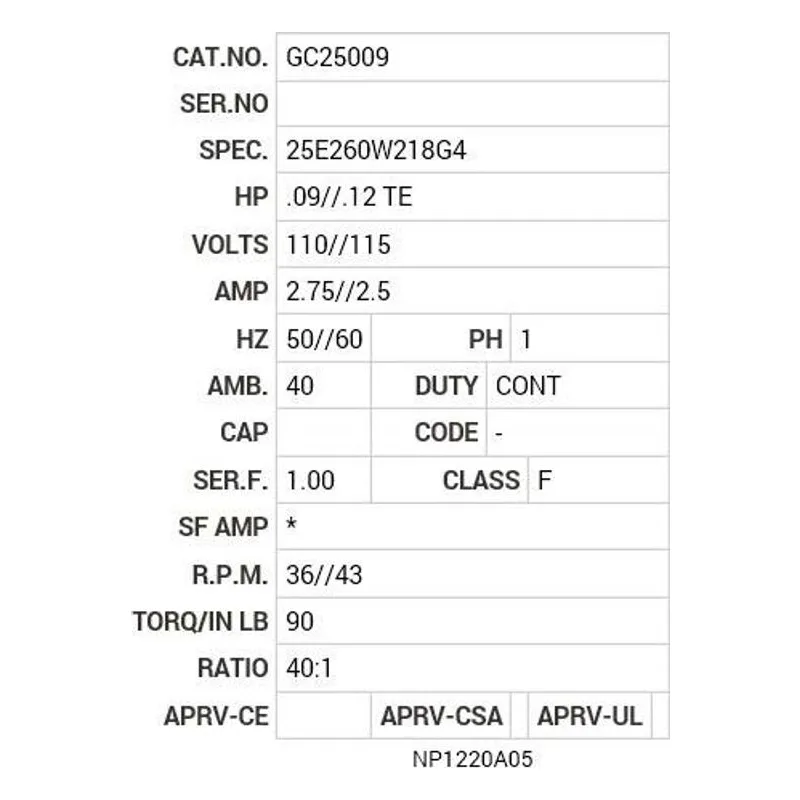 GC25009 Baldor .10/.12 HP, 1400 RPM, 1 PH, 50/60 HZ, K-1, 2524S Motor Nameplate - view 2
