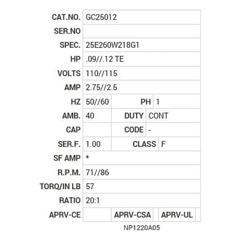 GC25012 Baldor .09/.12 HP, 1400 RPM, 1 PH, 50/60 HZ, K-1, 2524S Motor Nameplate - view 2