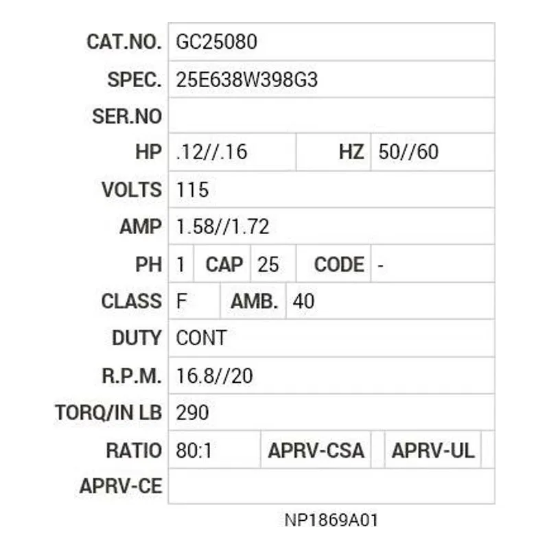 GC25080 Baldor G.M. K20XF 115VAC 16.8//20  RPM 80:1 Motor Nameplate - view 2
