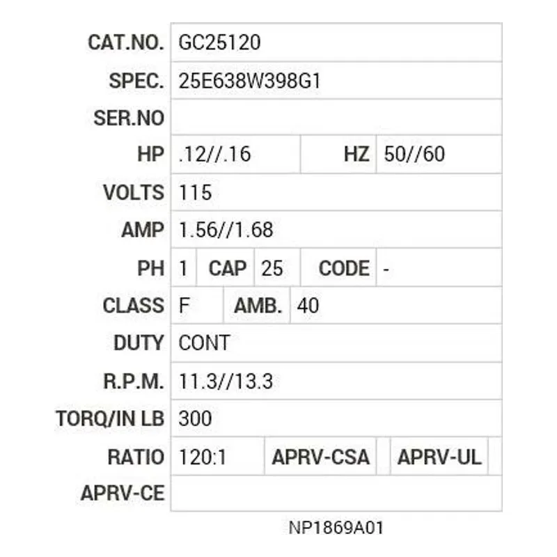 GC25120 Baldor G.M. K20XF 115VAC 11.3//13.3  RPM  120:1 Motor Nameplate - view 2