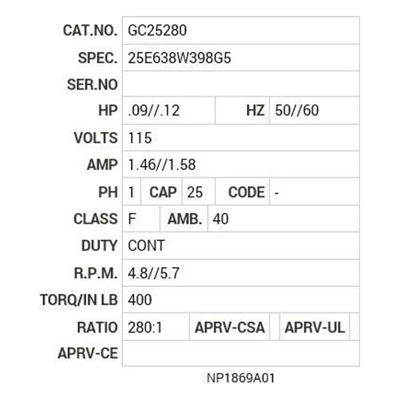 GC25280 Baldor G.M. K20XF 115VAC 4.8//5.7 RPM 280:1 Motor Nameplate - view 2