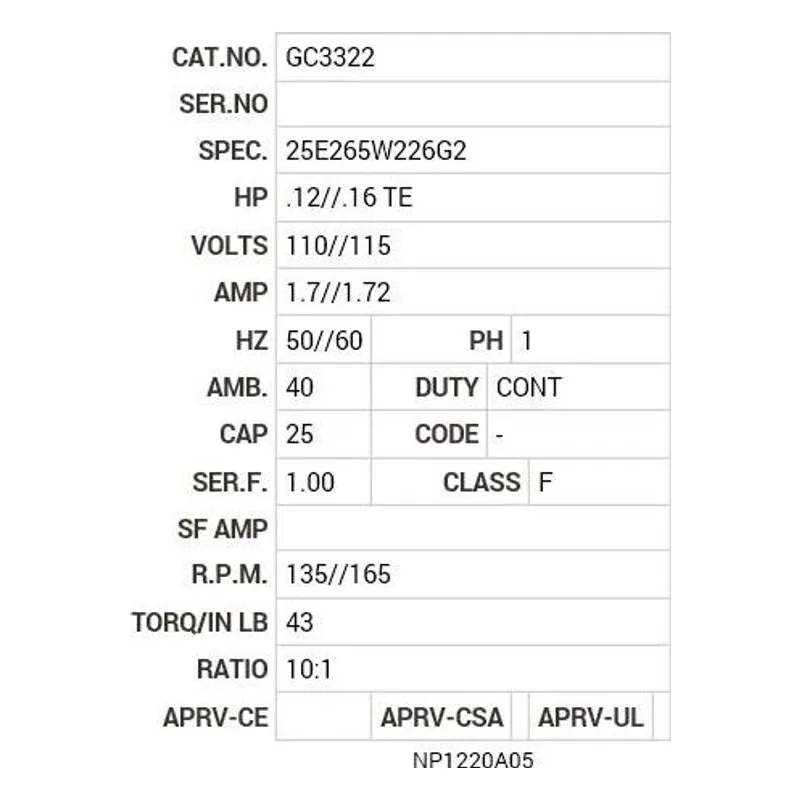 GC3322 Baldor .12/.16 HP, 1350 RPM, 1 PH, 50/60 HZ, K-1, 2524C Motor Nameplate - view 2