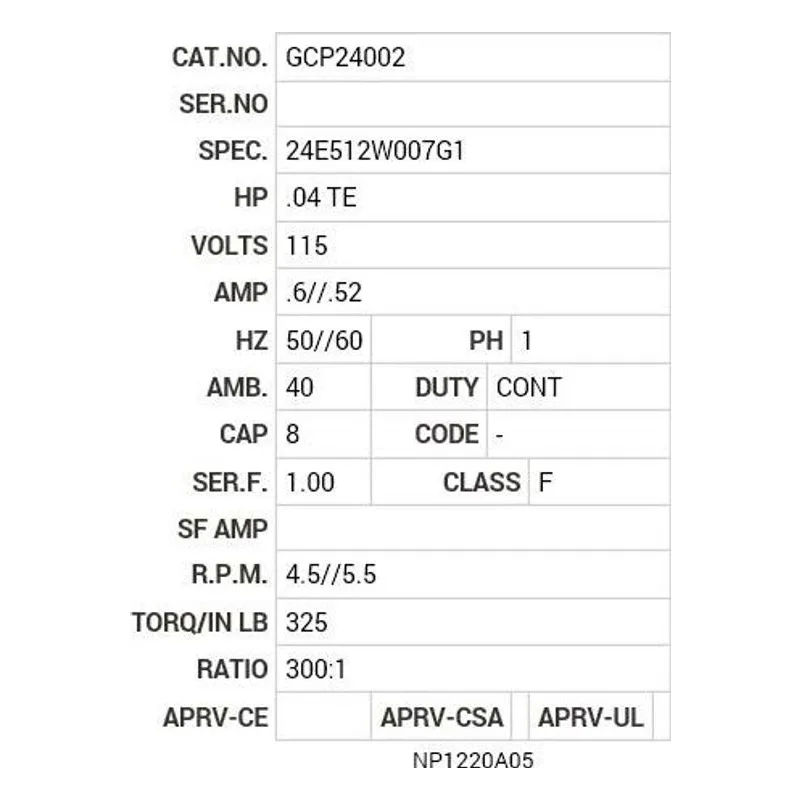 GCP24002 Baldor G.M. T16KA 115V AC 300:1 4.5//5.5  RPM Motor Nameplate - view 2