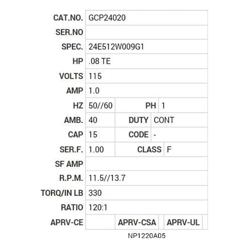 GCP24020 Baldor G.M. T24KA 115V AC 120:1 11//13.7  RPM Motor Nameplate - view 2