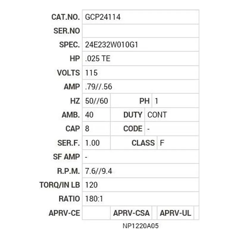 GCP24114 Baldor .025 HP, 1400 RPM, 1 PH, 50/60 HZ, PSSH-0, 2412C Motor Nameplate - view 2