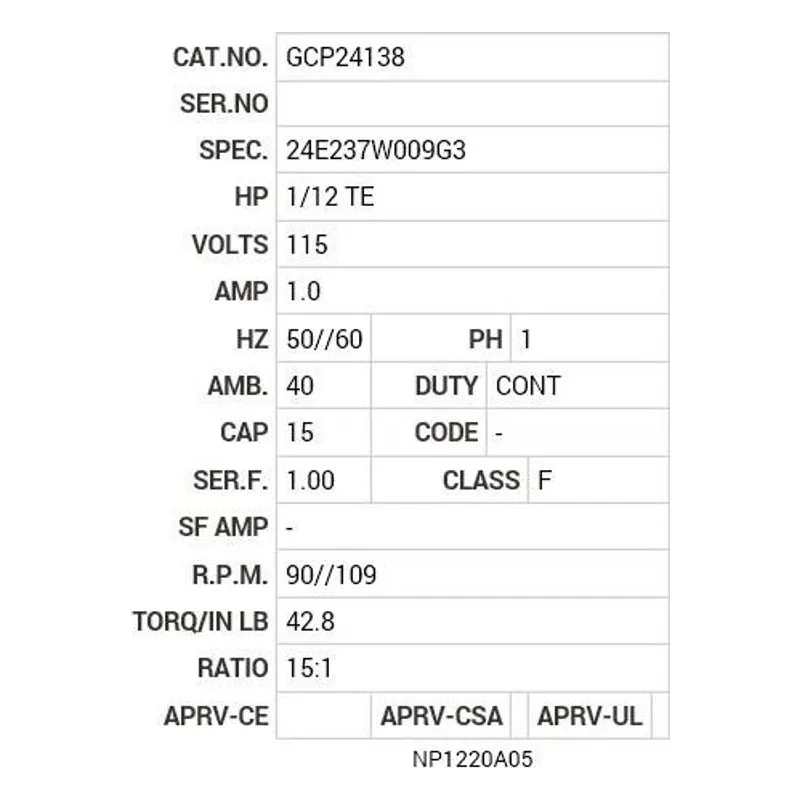 GCP24138 Baldor .08 HP, 1340 RPM, 1 PH, 50/60 HZ, PSSH-0, 2424C Motor Nameplate - view 2