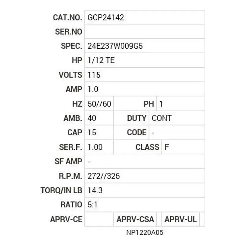 GCP24142 Baldor .08 HP, 1340 RPM, 1 PH, 50/60 HZ, PSSH-0, 2424C Motor Nameplate - view 2