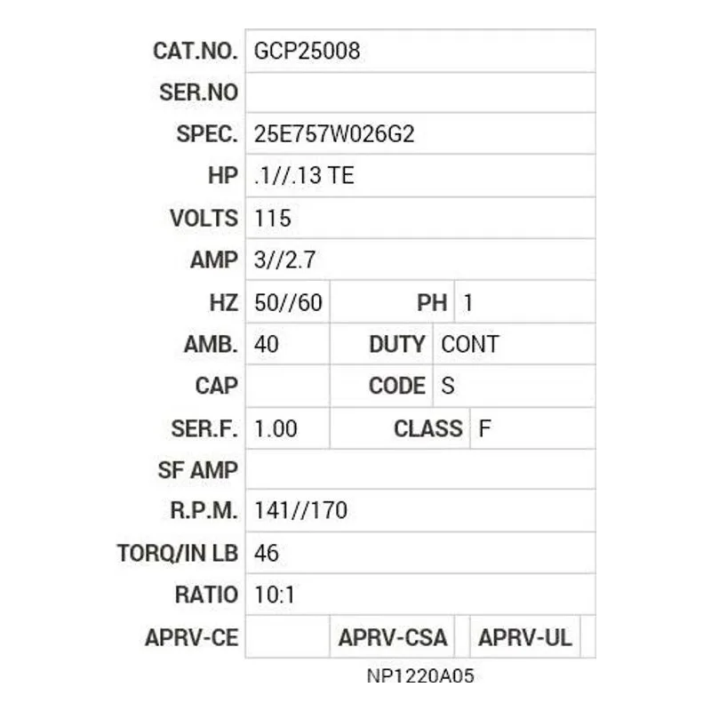 GCP25008 Baldor G.M. K24KF 115V AC 141//170  RPM  10:1 Motor Nameplate - view 2