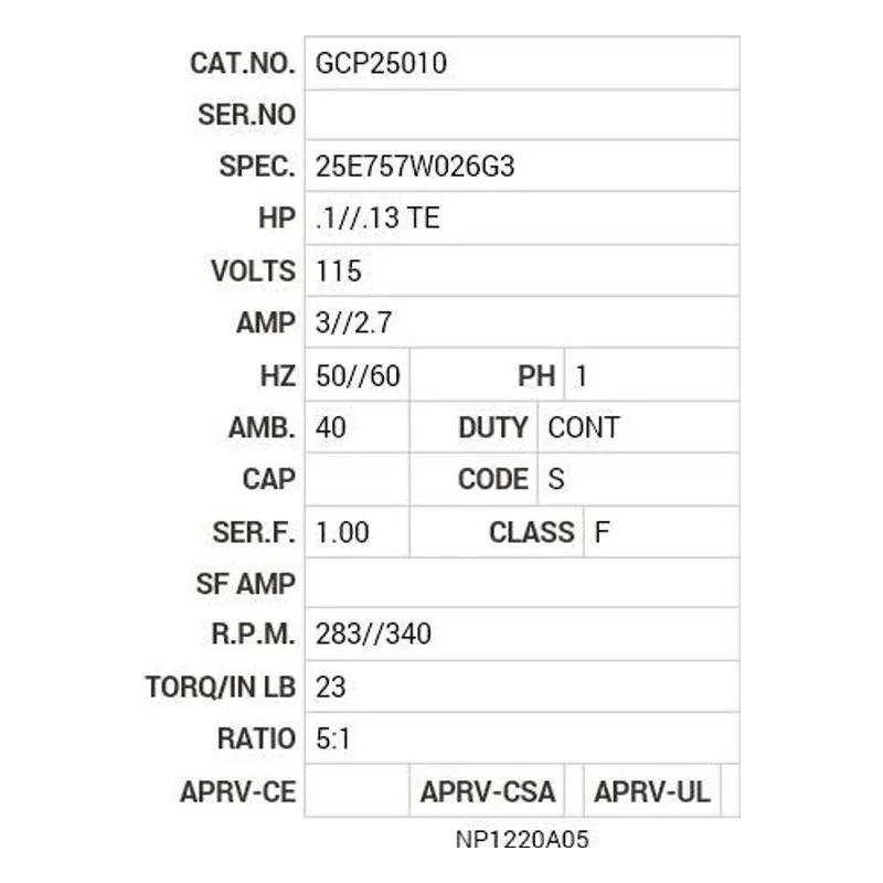 GCP25010 Baldor G.M. K24KF 115V AC 283//340  RPM  5:1 Motor Nameplate - view 2