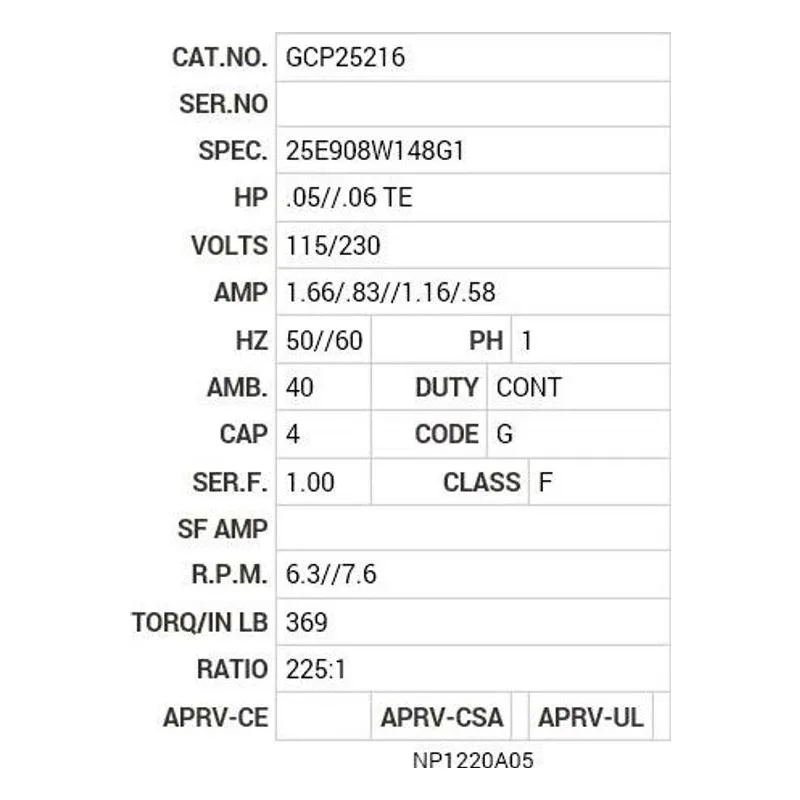 GCP25216 Baldor 1/6 HP7.7  RPM @ 310 In-lbs115/230 AC PSL Motor Nameplate - view 2