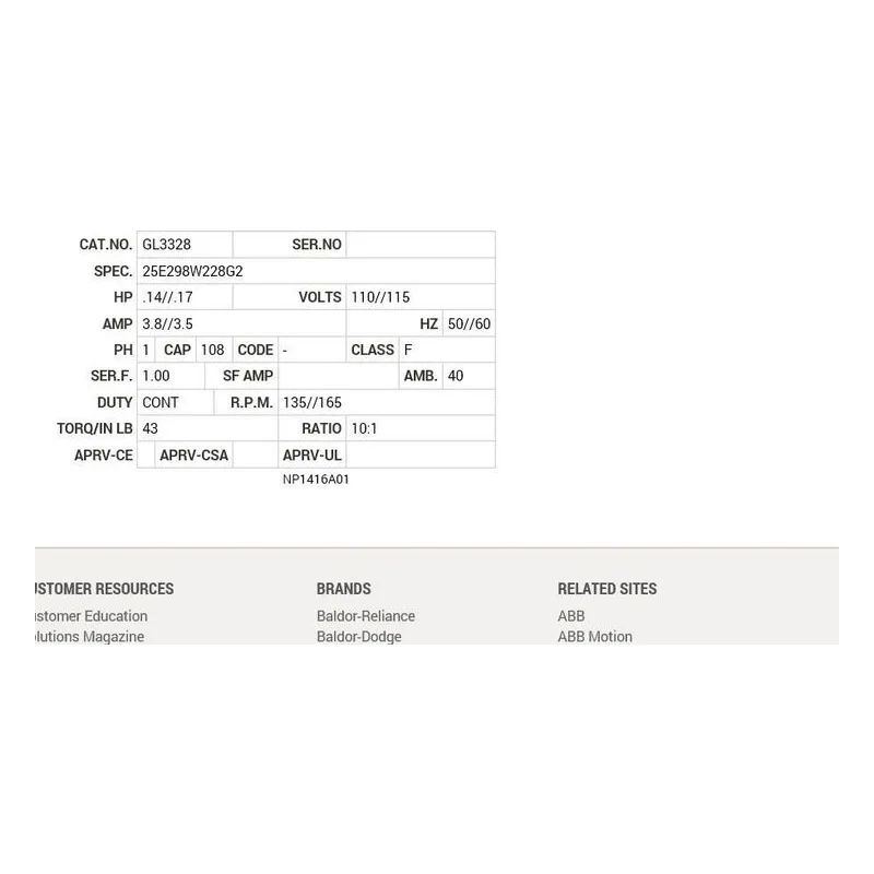 GL3328 Baldor G.M. K28TF 110//115V AC 10:1 Motor Nameplate - view 2