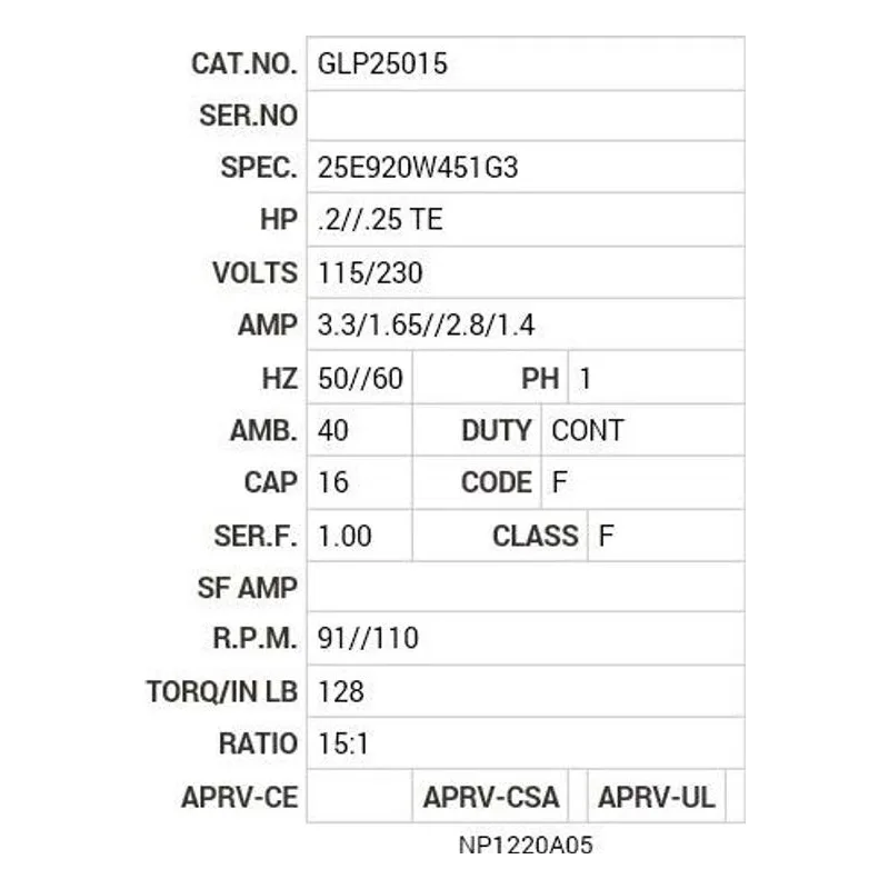 GLP25015 Baldor G.M. K28KF 115/230V AC 15:1 Motor Nameplate - view 2