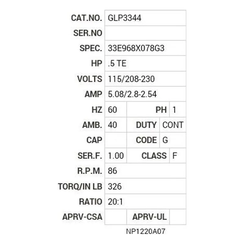 GLP3344 Baldor G.M. F32LF 115/208-230VAC 86  RPM 20:1 Motor Nameplate - view 2