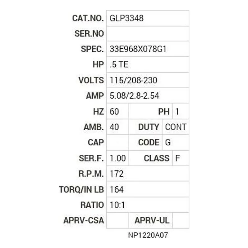 GLP3348 Baldor G.M. F32LF 115/208-230VAC 172  RPM 10:1 Motor Nameplate - view 2
