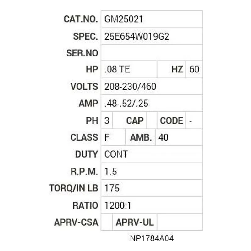 GM25021 Baldor G.M. K16EA 208-230/460V AC 1200:1 Motor Nameplate - view 2