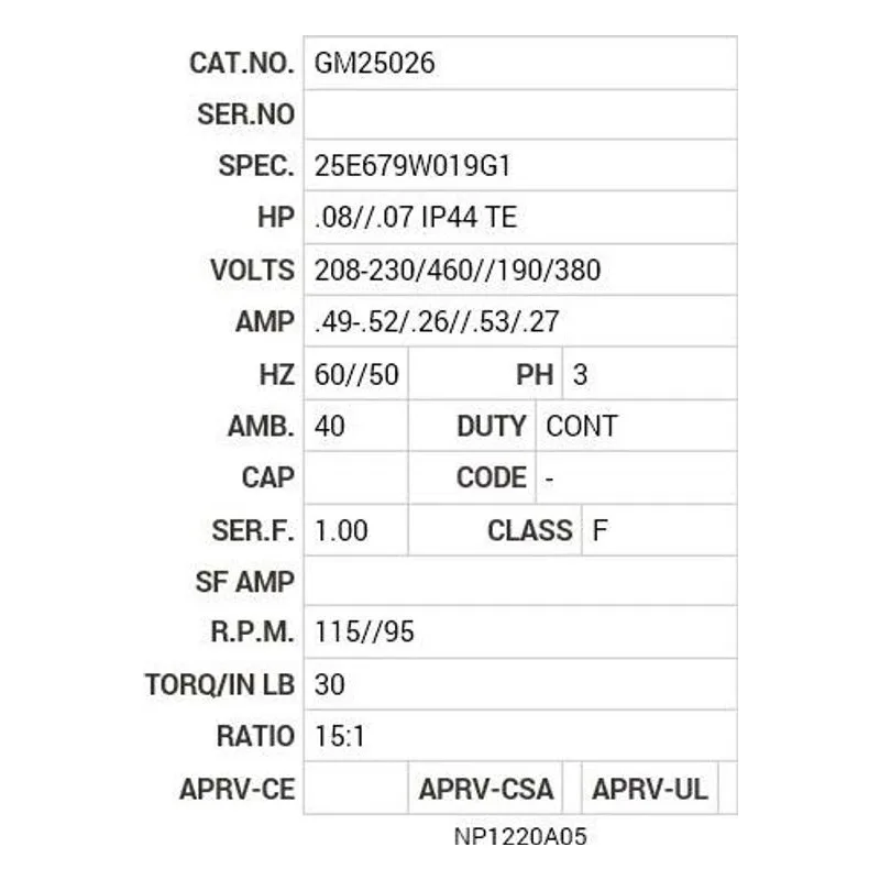 GM25026 Baldor G.M. K16BA 208-230/460V 50//60 AC 15:1 Motor Nameplate - view 2
