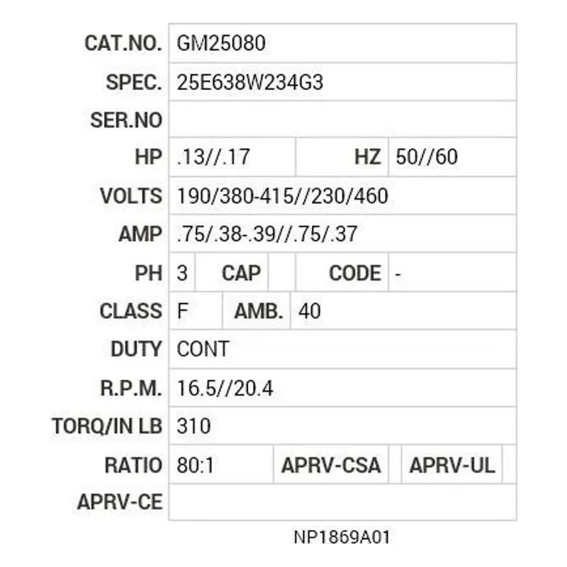 GM25080 Baldor .25 HP,  AC,  G-BOX WORM_HELICAL,  TEFC GM Motor Nameplate - view 2