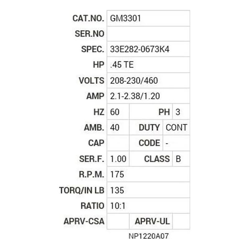 GM3301 Baldor G.M. F20UF 230/460 173  RPM 10:1 Motor Nameplate - view 2