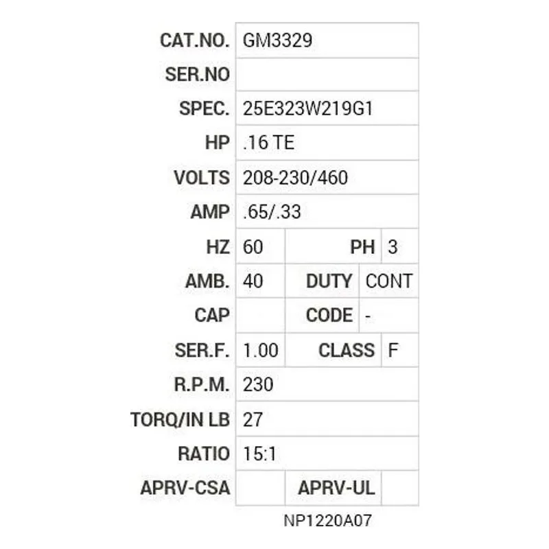 GM3329 Baldor .16 HP, 3425 RPM, 3 PH, 60 HZ, BA-0, 2512M, TEFC Motor Nameplate - view 2
