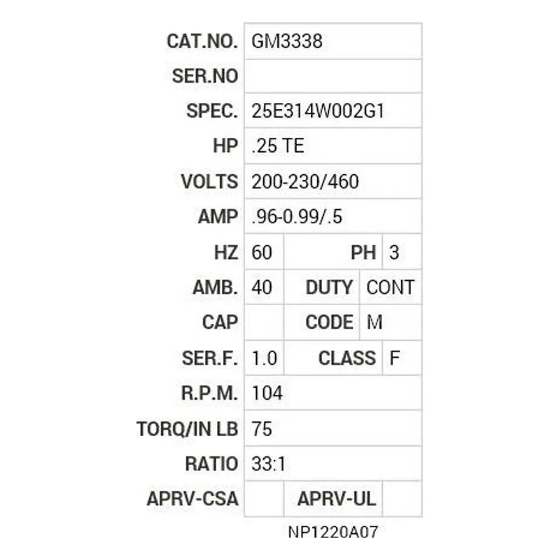 GM3338 Baldor .25 HP, 3450 RPM, 3 PH, 60 HZ, JK-1, 2520M, TEFC Motor Nameplate - view 2