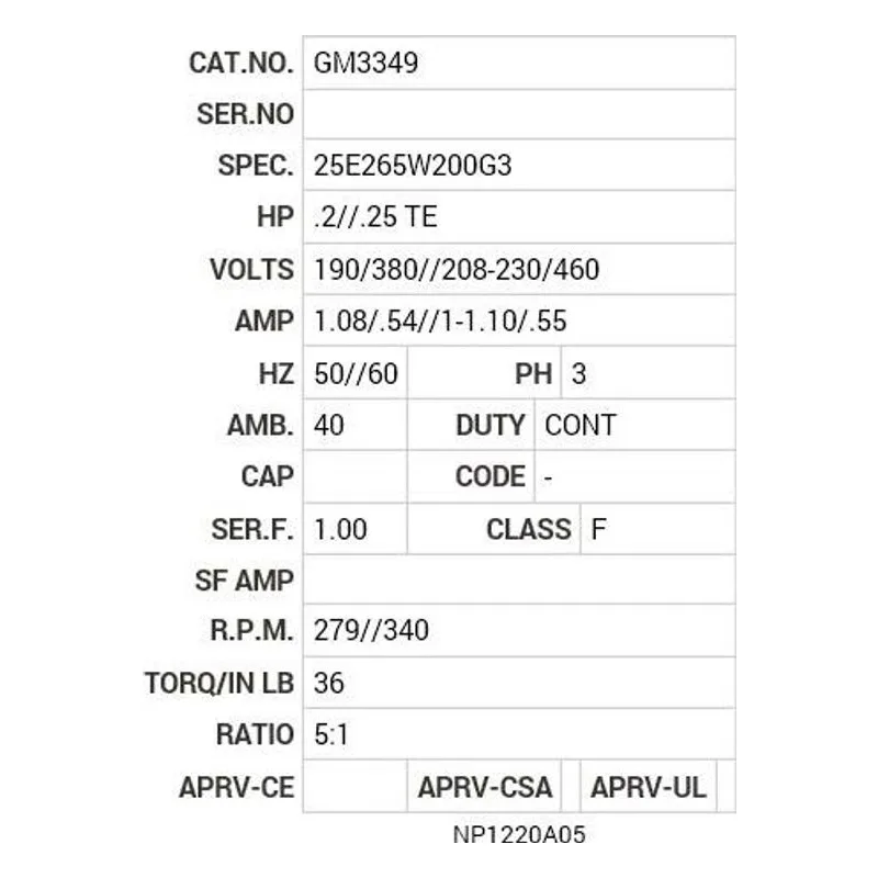 GM3349 Baldor .2/.25 HP, 1400 RPM, 3 PH, 50/60 HZ, K-1, 2524M Motor Nameplate - view 2
