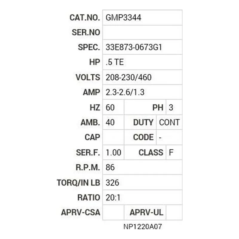 GMP3344 Baldor .5                TE HP, 1725 RPM, 3 PH, 60 HZ Motor Nameplate - view 2