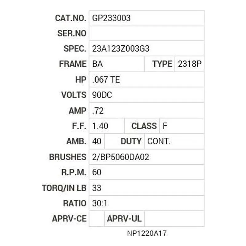 GP233003 Baldor .06 HP, DC, BA, 2318P, TENV, GM Motor Nameplate - view 2