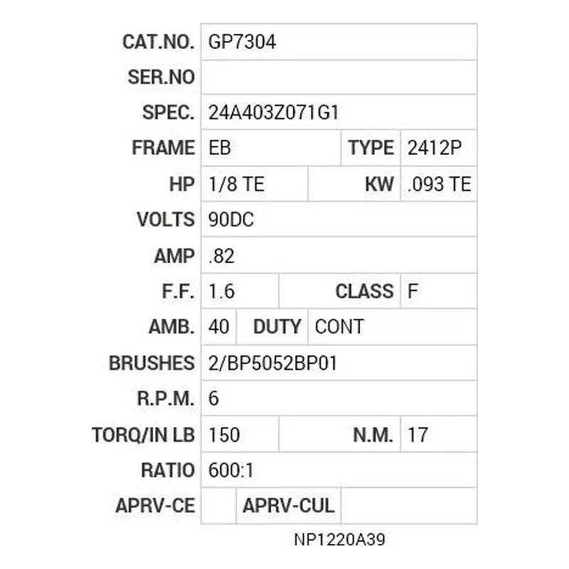 GP7304 Baldor G.M. D12EA 90V DC 600:1 GP7304 Motor Nameplate - view 2