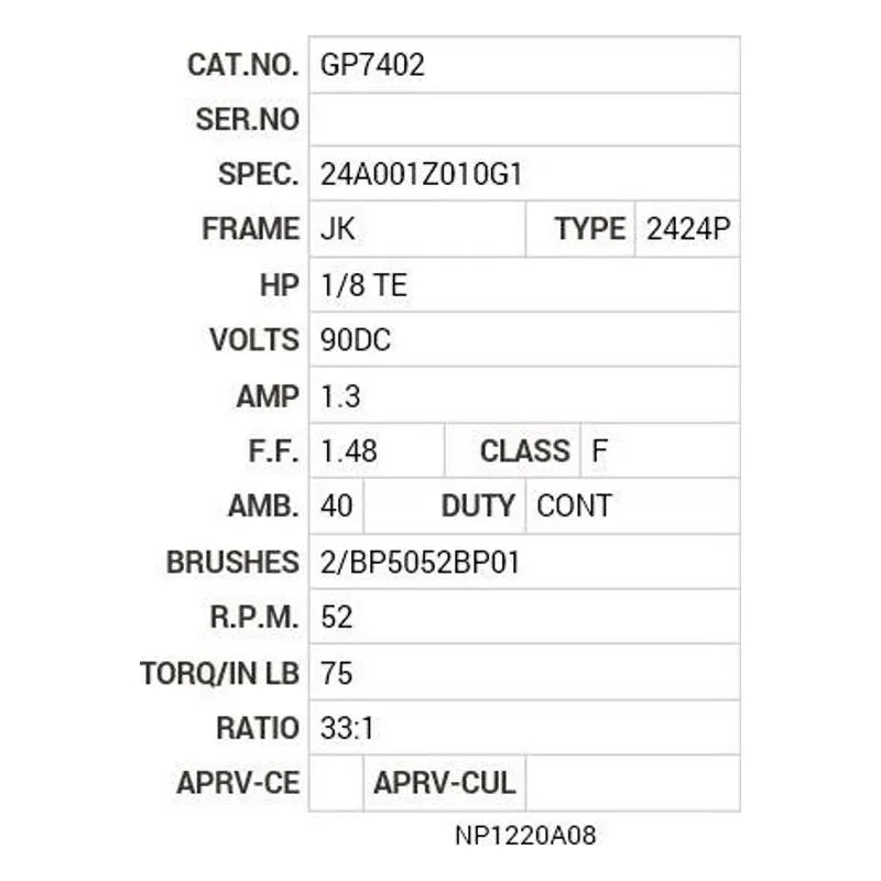 GP7402 Baldor .13 HP, DC, JK-0, 2424P, TENV, GM Motor Nameplate - view 2