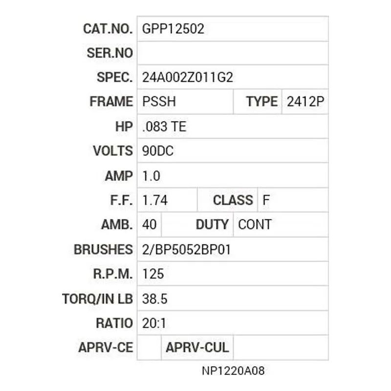GPP12502 Baldor .08 HP, DC, PSSH-0, 2412P, TENV, F1 Motor Nameplate - view 2