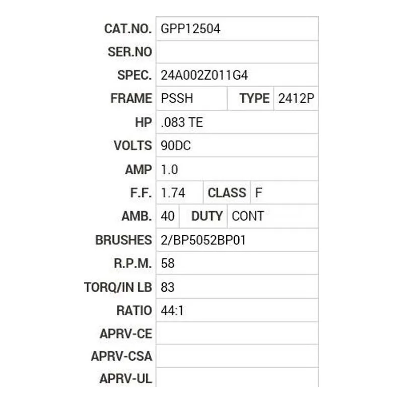 GPP12504 Baldor .08 HP, DC, PSSH-0, 2412P, TENV, F1 Motor Nameplate - view 2