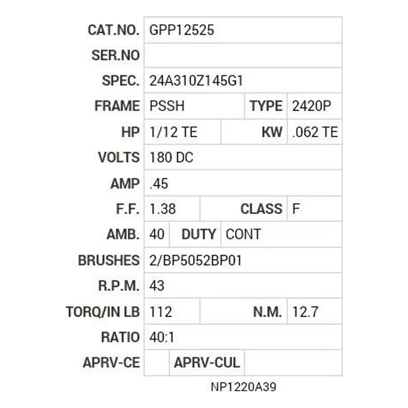 GPP12525 Baldor 0.08 HP, DC, PSSH-0, 2420P, TENV, GM Motor Nameplate - view 2