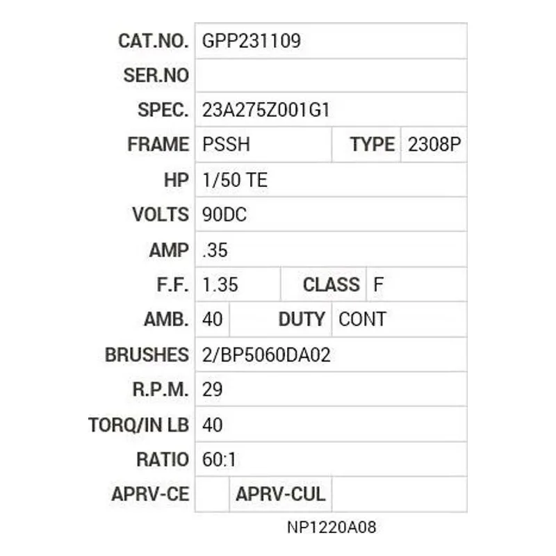GPP231109 Baldor .02 HP, DC, PSSH-0, 2308P, TENV, GM Motor Nameplate - view 2