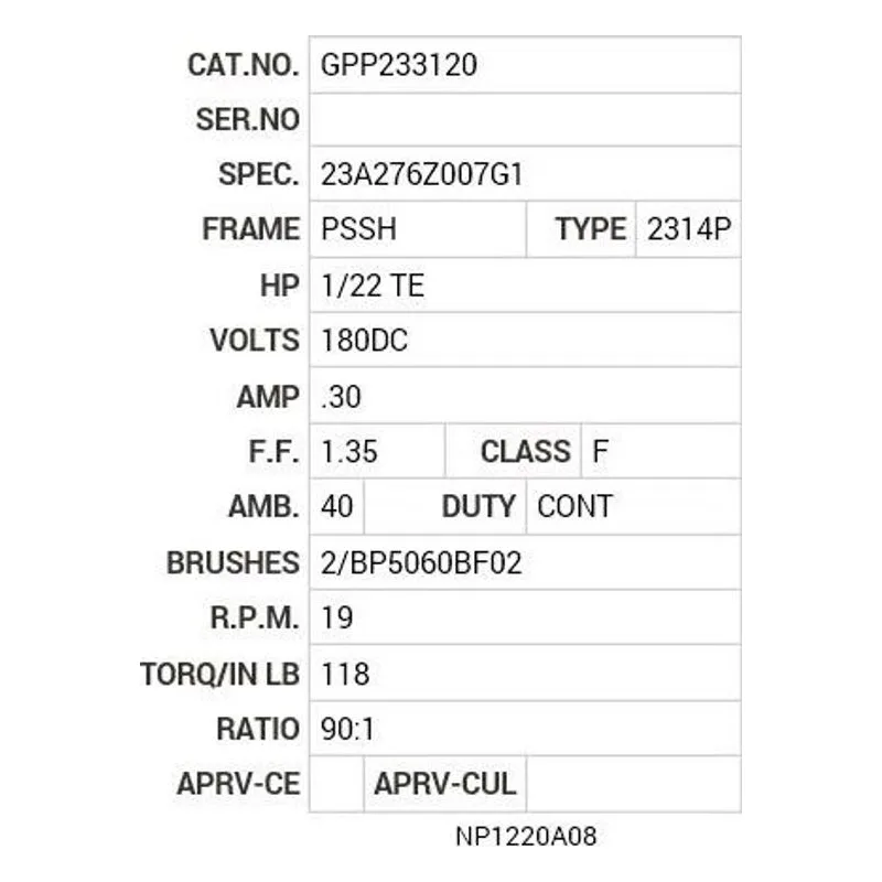 GPP233120 Baldor .5 HP, DC, PSSH-0, 2314P, TENV, GM Motor Nameplate - view 2