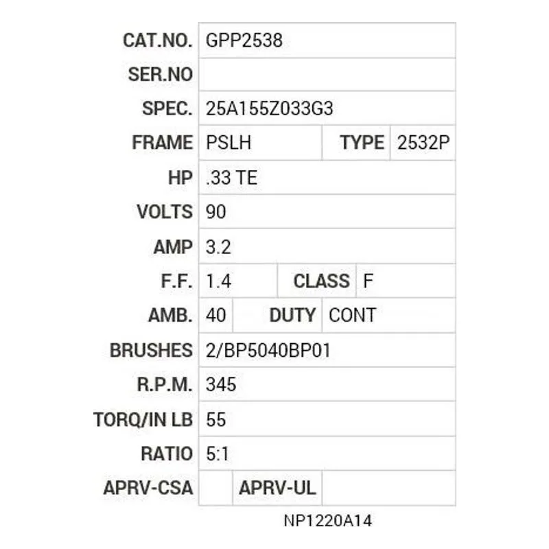 GPP2538 Baldor G.M. L32LA 90V DC 345  RPM  5:1 GPP2538 Motor Nameplate - view 2