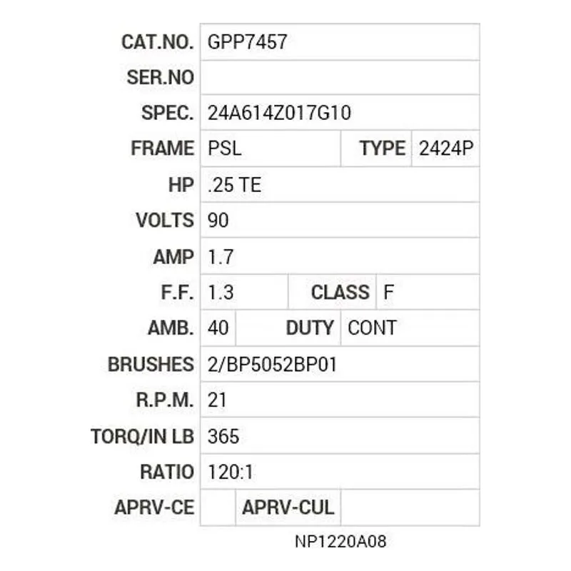GPP7457 Baldor G.M. D24KA 90VDC 120:1 21  RPM  GPP7457 Motor Nameplate - view 2