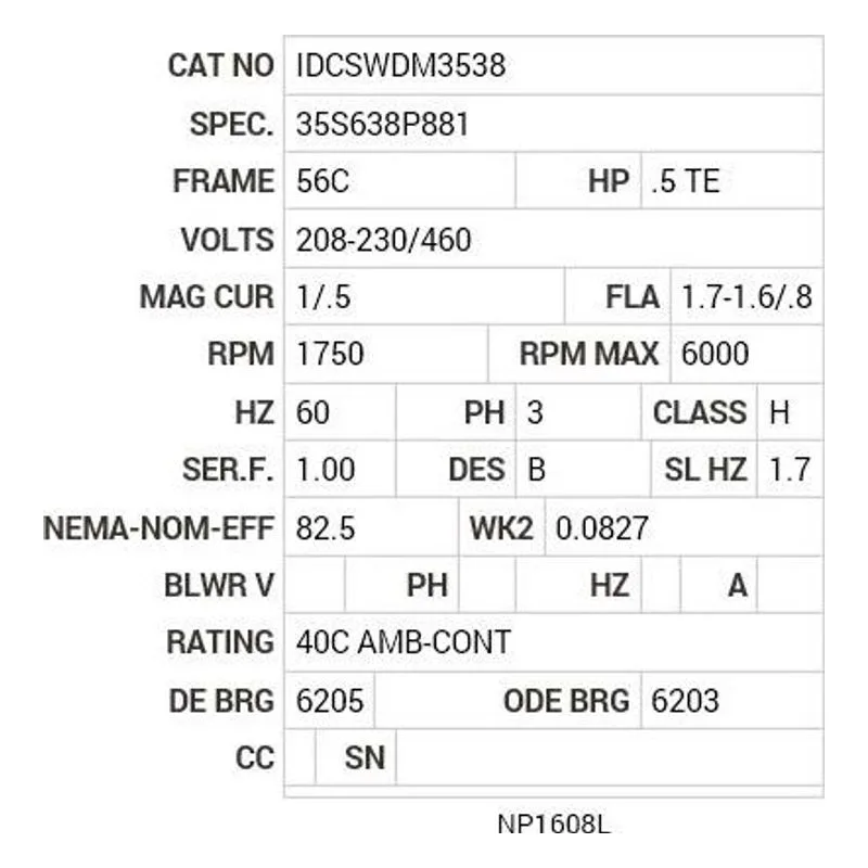 IDCSWDM3538 Baldor .5 HP, 1750 RPM, 3 PH, 60 HZ, 56C, 3515M, TENV, F1 Motor Nameplate - view 2