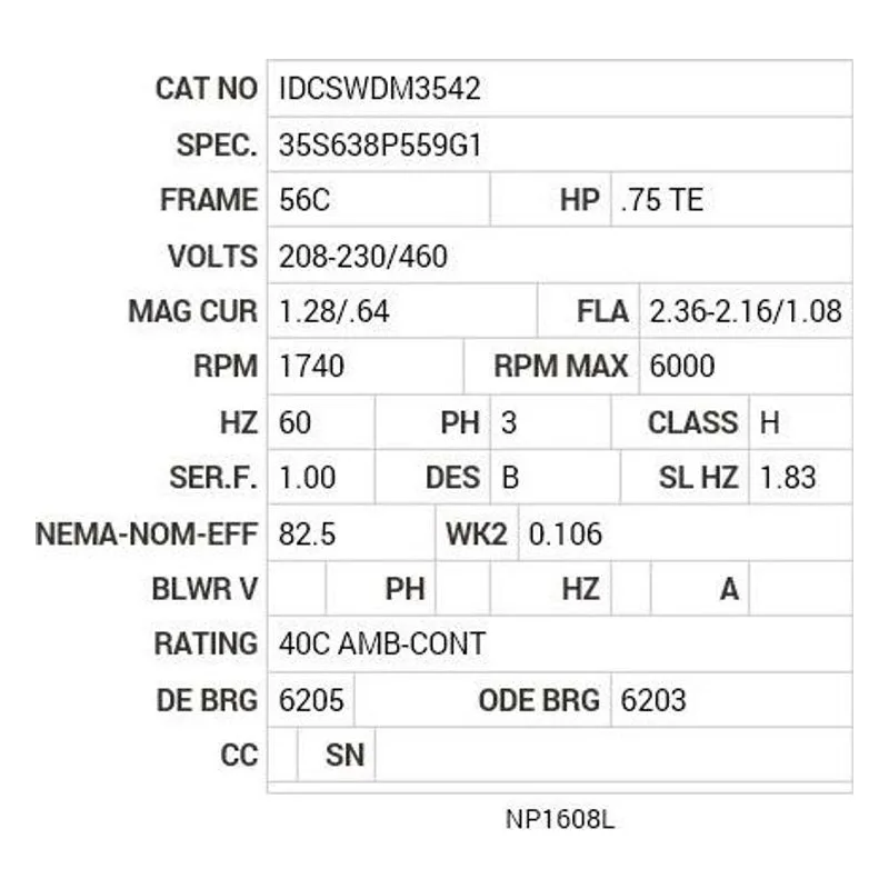 IDCSWDM3542 Baldor .75 HP, 1745 RPM, 3 PH, 60 HZ, 56C, 3519M, TENV, F1 Motor Nameplate - view 2