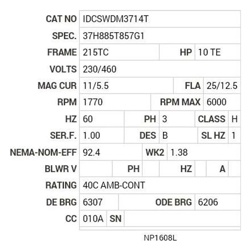 IDCSWDM3714T Baldor 10 HP, 1770 RPM, 3 PH, 60 HZ, 215TC, 3756M, TEFC, F Motor Nameplate - view 2