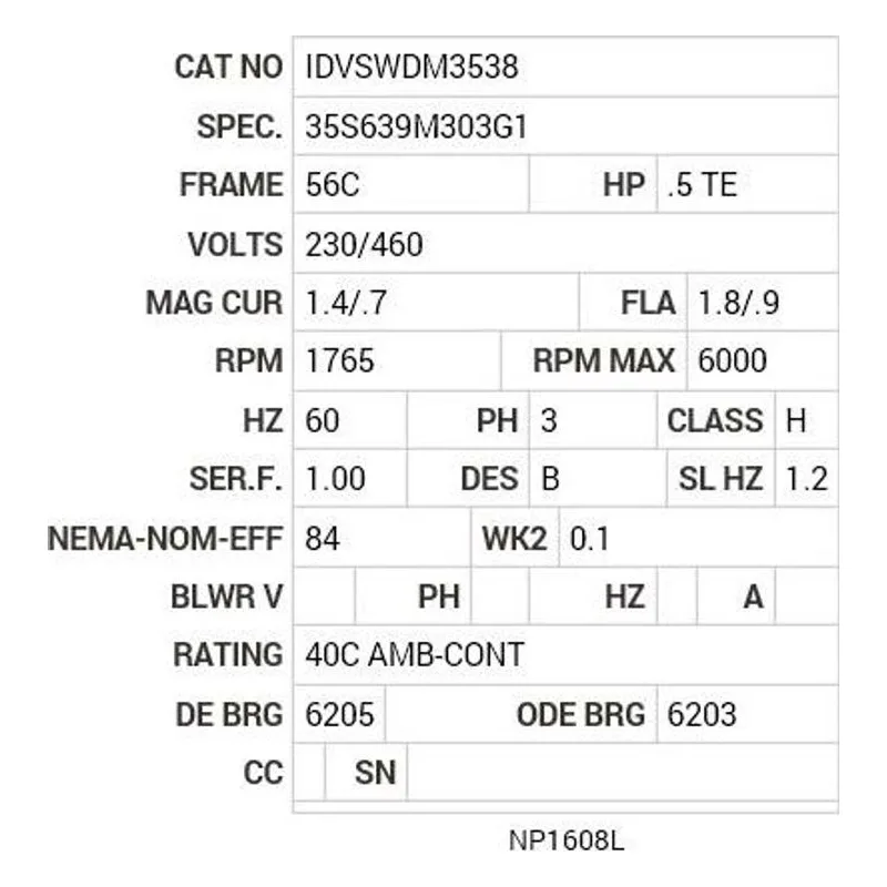 IDVSWDM3538 Baldor .5 HP, 1765 RPM, 3 PH, 60 HZ, 56C, 3516M, TENV, F1 Motor Nameplate - view 2